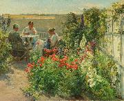 Knud Bergslien Blomstrende haveeksterir med tre kvinder ved et bord oil painting on canvas